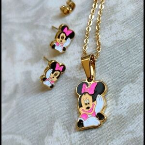 Gold Minnie Mouse Charm Necklace Earrings Set